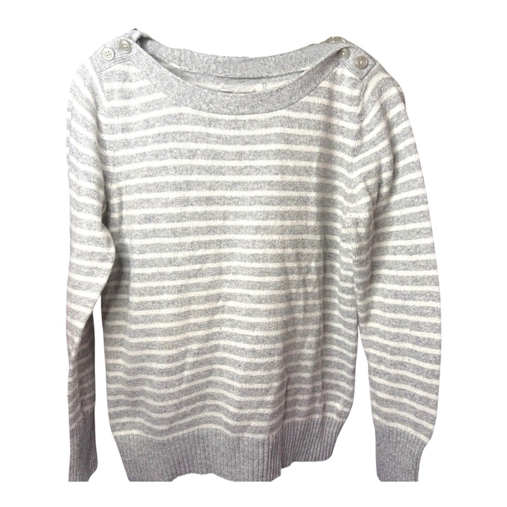 Old Navy Woman's Size L Gray & White Striped Pullover Sweater Top Light Weight
